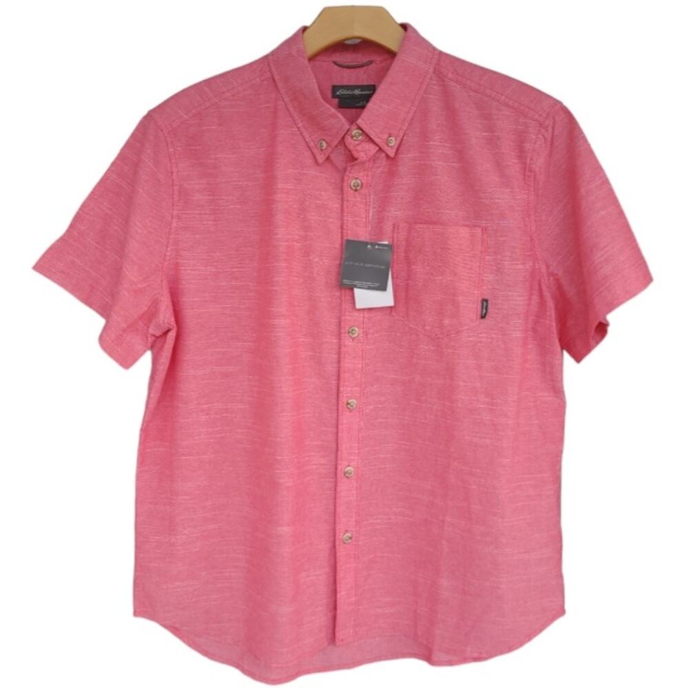 NWT Eddie Bauer Mens Red Chambray Shirt L Cotton Short Sleeve Travel Preppy